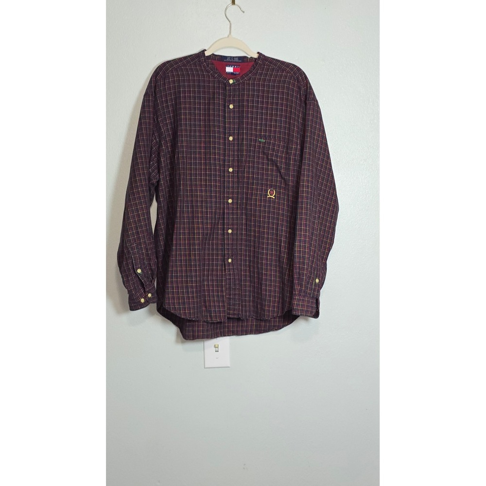 Tommy Hilfiger Mens XL Plaid Collarless Band Neck Button Down Shirt Crest Logo